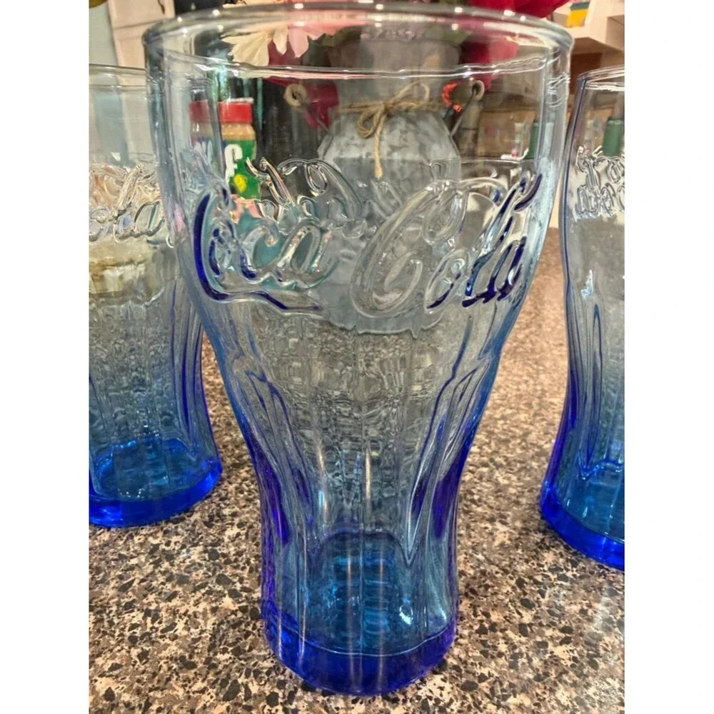 Vtg Coca-Cola Rare Cobalt Blue Ribbed Contour Shape Glasses with Embossed Script